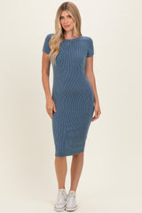 Denim Ribbed Short Sleeve Maternity Midi Dress