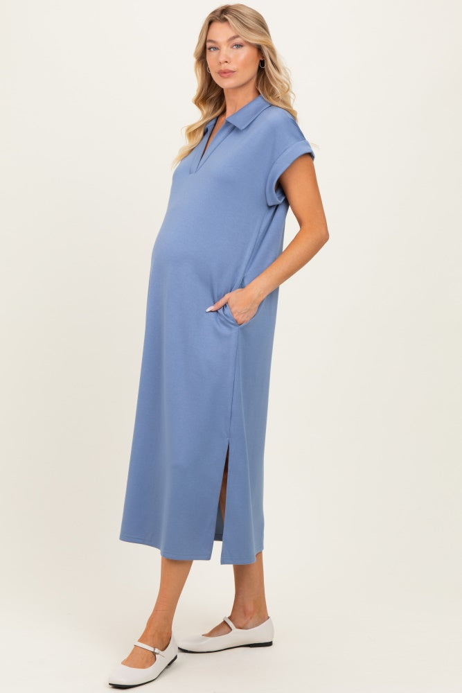Denim Blue Collared Oversized Maternity Midi Dress