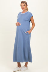 Denim Blue Side Slit Maternity Midi Dress