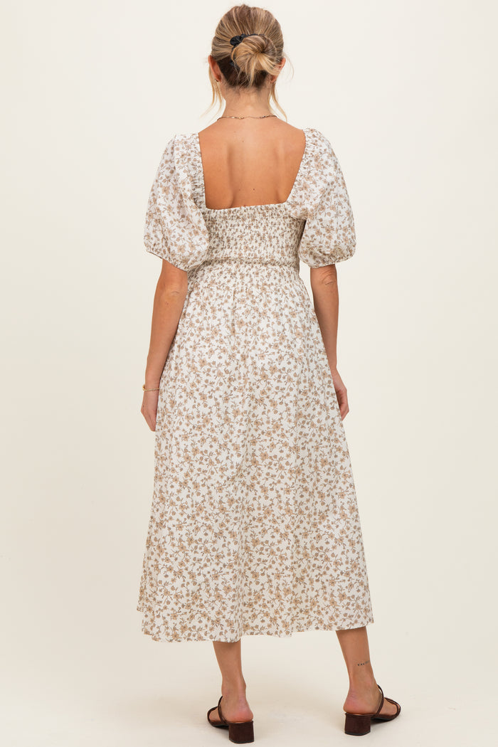 Cream Floral Puff Sleeve Maternity Midi Dress