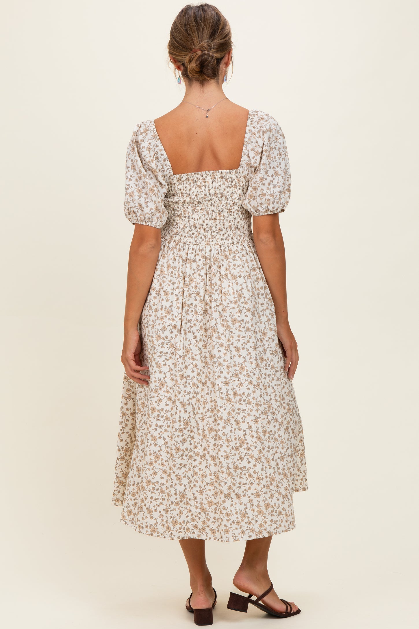 Cream Floral Puff Sleeve Midi Dress