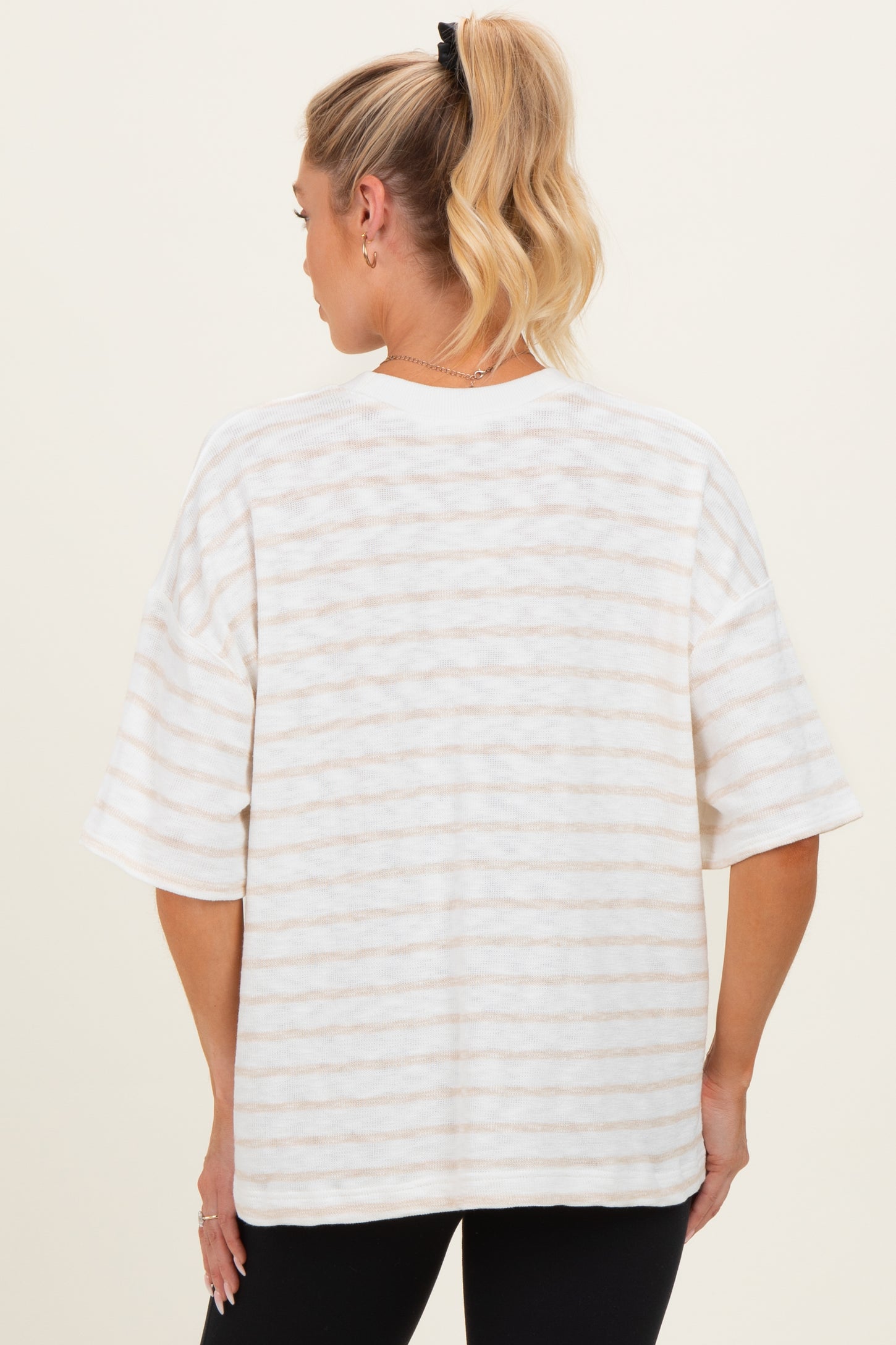 Beige Oversized Striped Maternity Short Sleeve Top