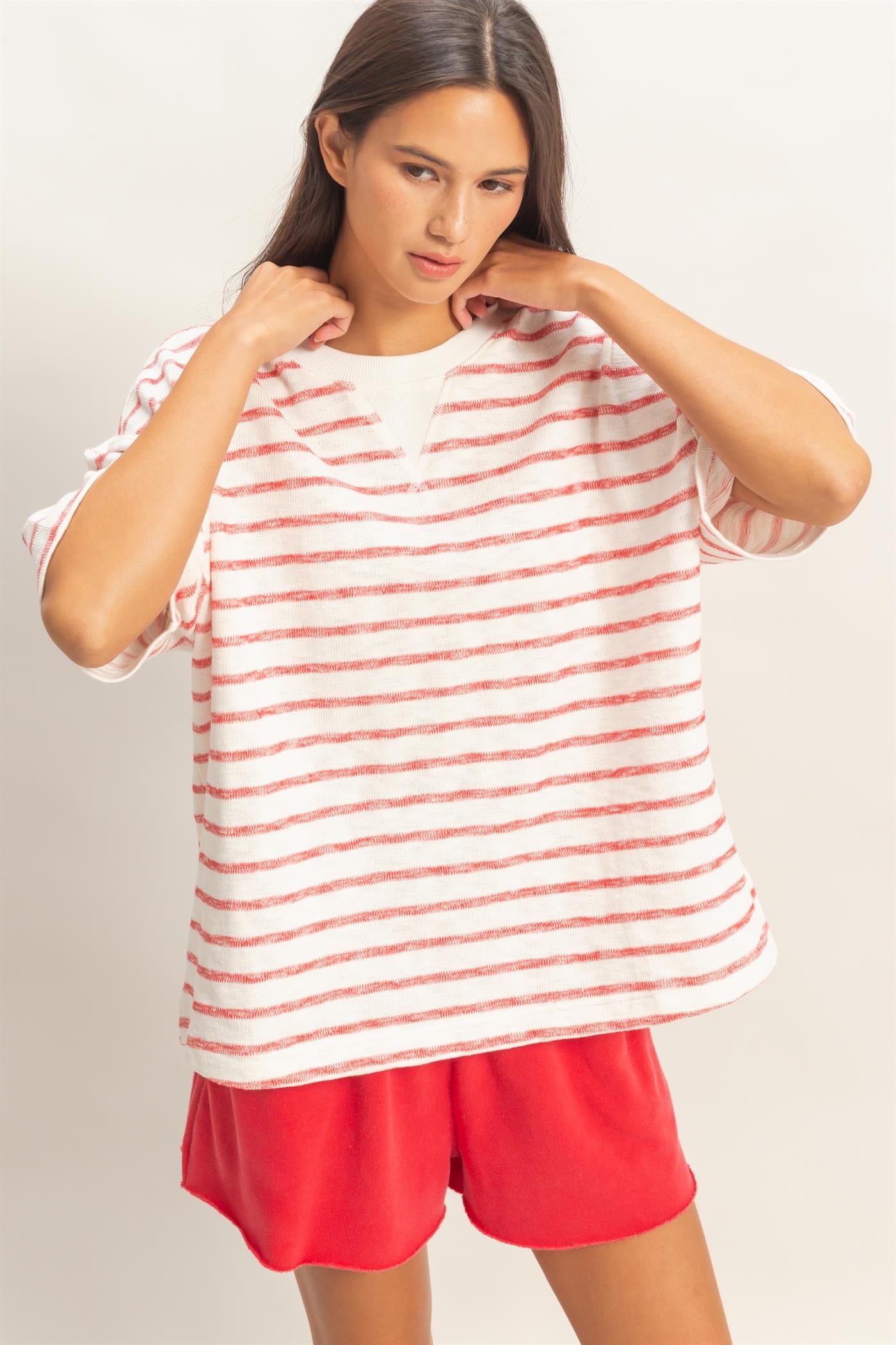 Red Oversized Striped Maternity Short Sleeve Top