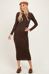 Brown Ribbed Fitted Long Sleeve Maternity Midi Dress