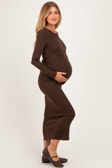 Brown Ribbed Fitted Long Sleeve Maternity Midi Dress