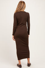 Brown Ribbed Fitted Long Sleeve Maternity Midi Dress