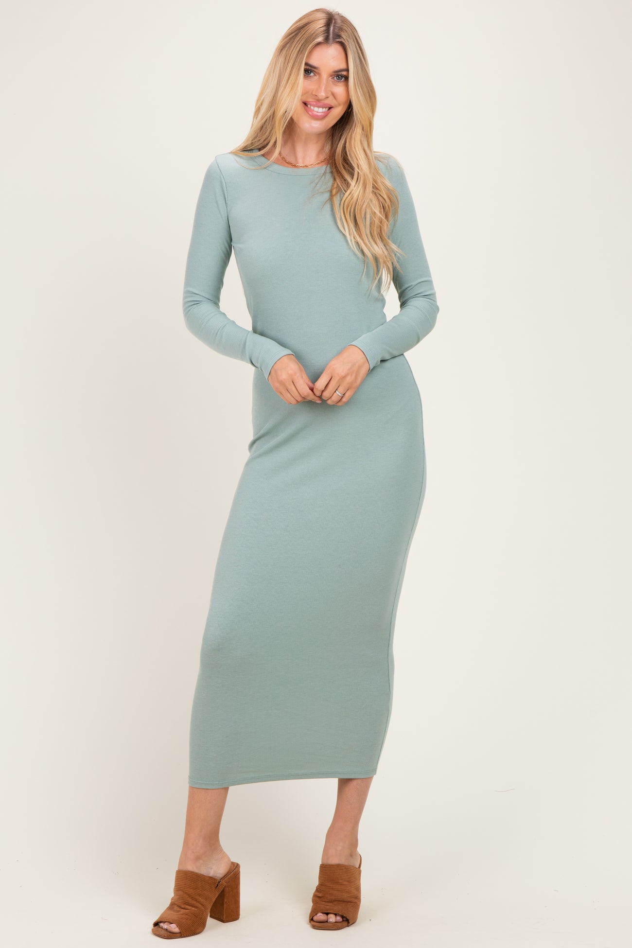 Sage Ribbed Fitted Long Sleeve Maternity Midi Dress