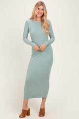 Sage Ribbed Fitted Long Sleeve Maternity Midi Dress