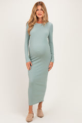 Sage Ribbed Fitted Long Sleeve Maternity Midi Dress