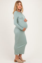 Sage Ribbed Fitted Long Sleeve Maternity Midi Dress