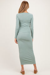 Sage Ribbed Fitted Long Sleeve Maternity Midi Dress