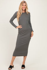 Olive Ribbed Fitted Long Sleeve Maternity Midi Dress