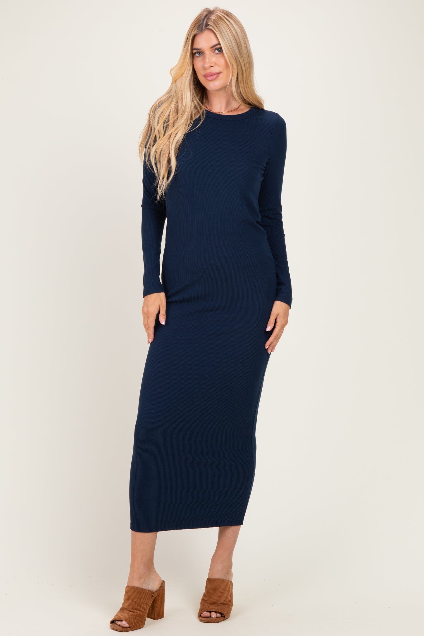 Navy Ribbed Fitted Long Sleeve Maternity Midi Dress