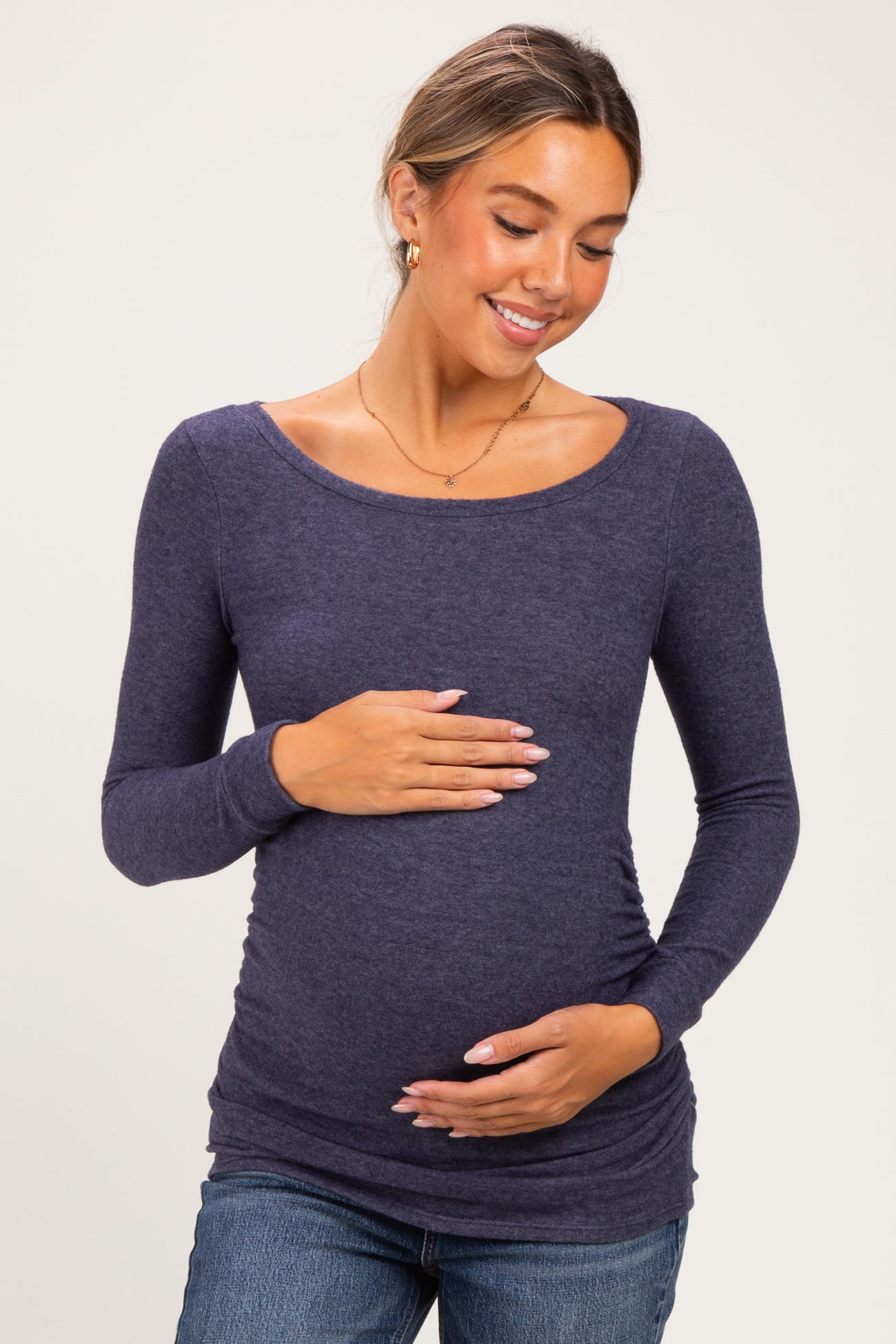 Navy Soft Knit Ruched Maternity Top