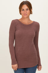 Brown Ribbed Scoop Neck Long Sleeve Maternity Top