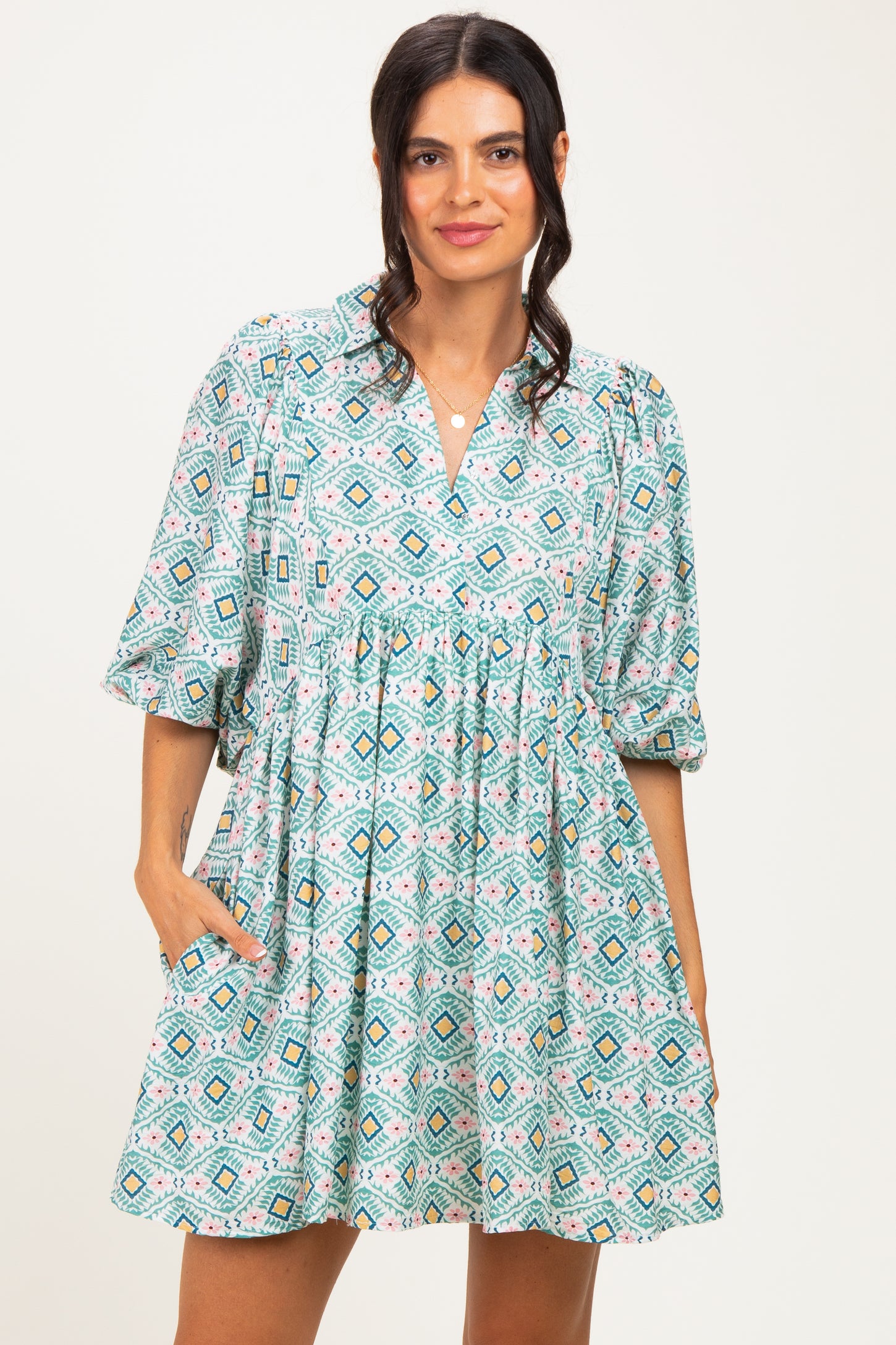 Green Print Collared Balloon Sleeve Dress