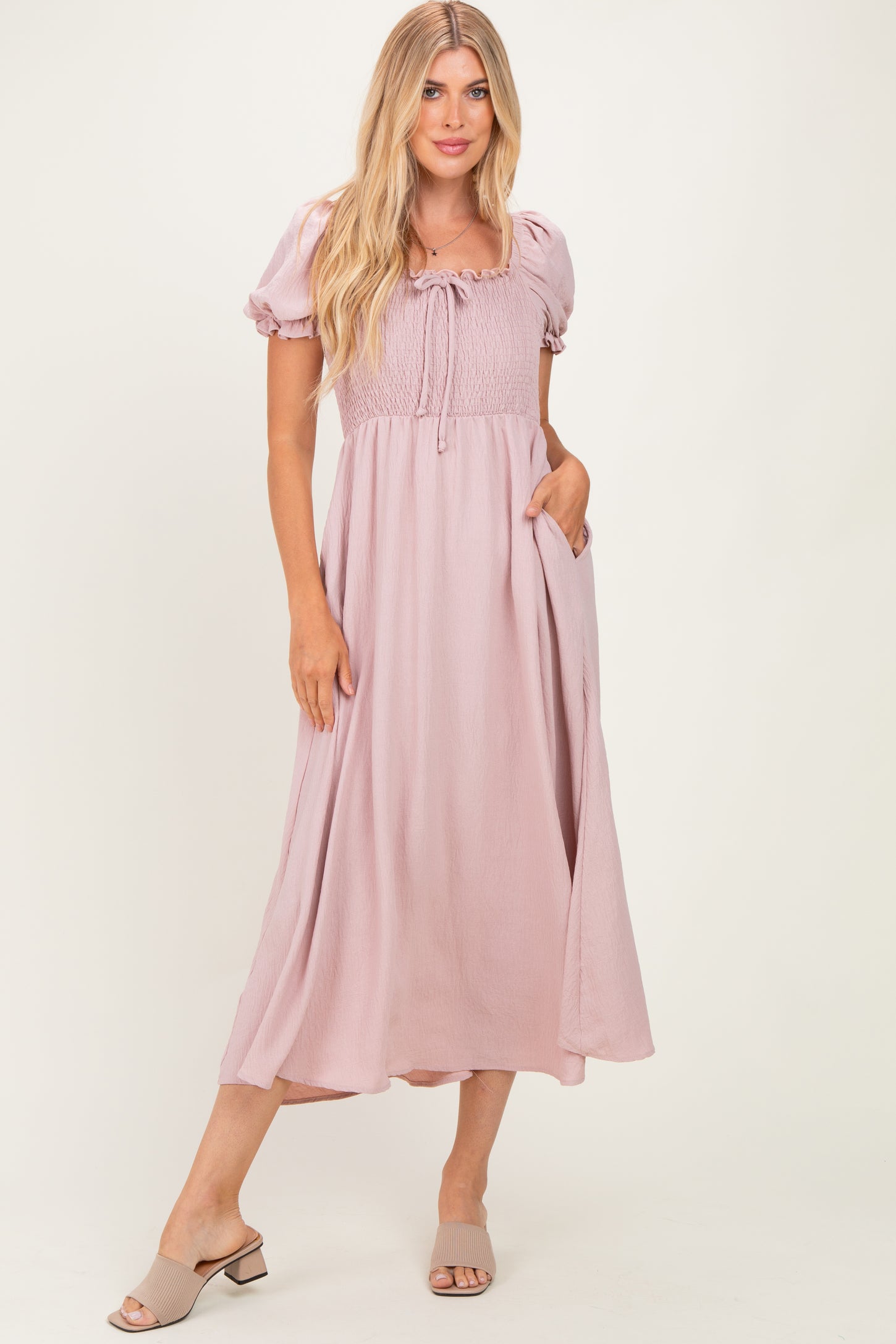 Mauve Square Neck Puff Sleeve Midi Dress