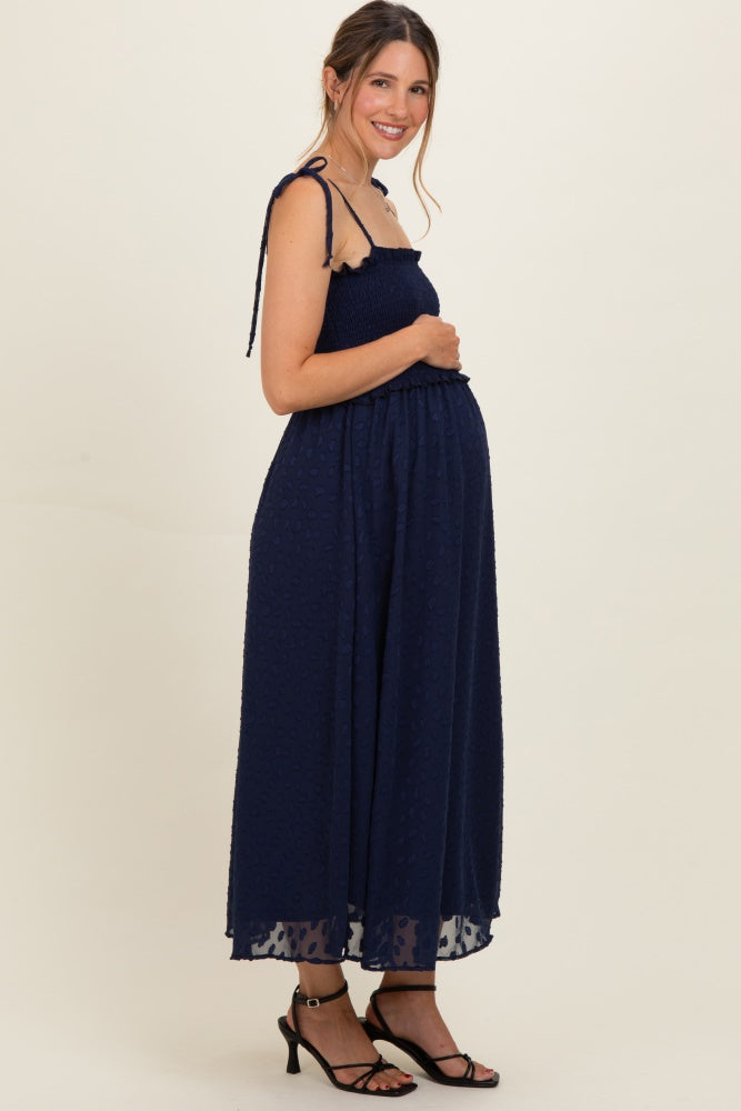 Navy Shoulder Tie Maternity Midi Dress
