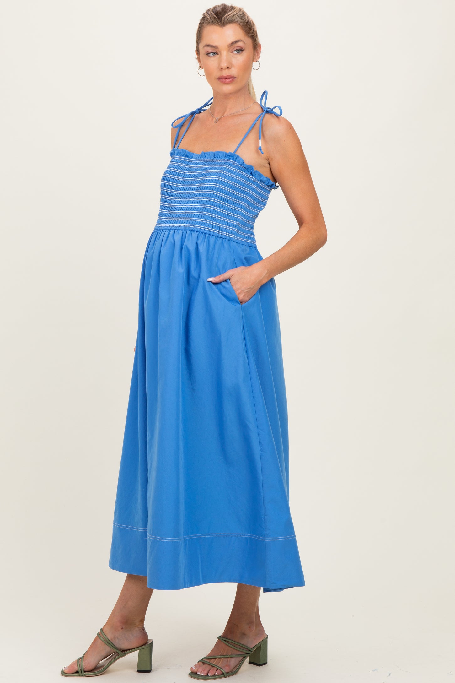 Blue Smocked Shoulder Tie Maternity Midi Dress