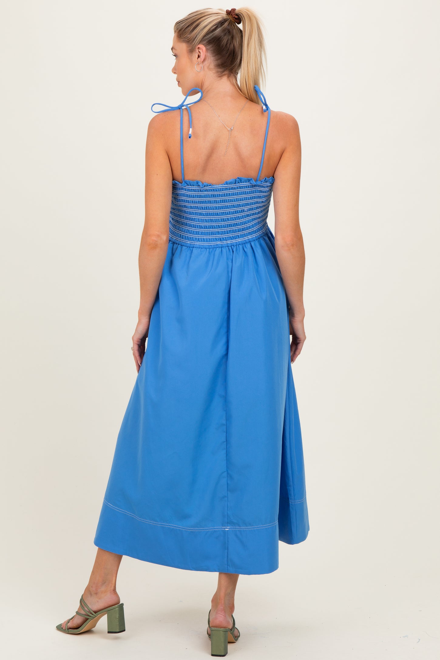 Blue Smocked Shoulder Tie Maternity Midi Dress