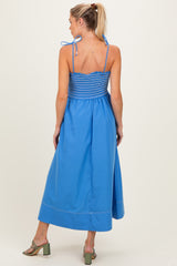 Blue Smocked Shoulder Tie Maternity Midi Dress