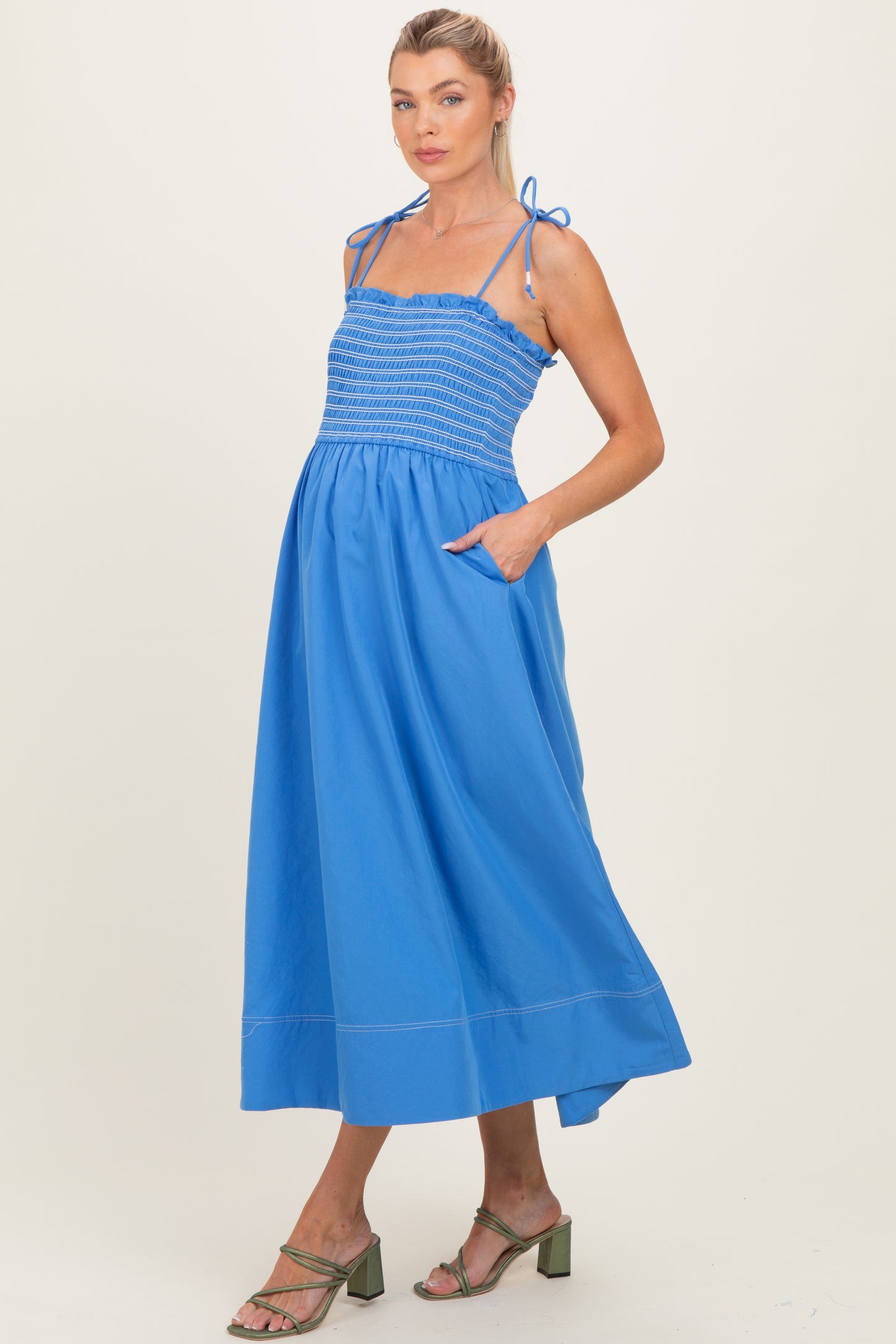 Blue Smocked Shoulder Tie Maternity Midi Dress