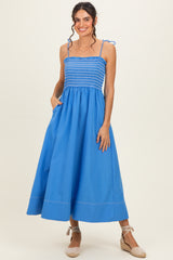 Blue Smocked Shoulder Tie Maternity Midi Dress
