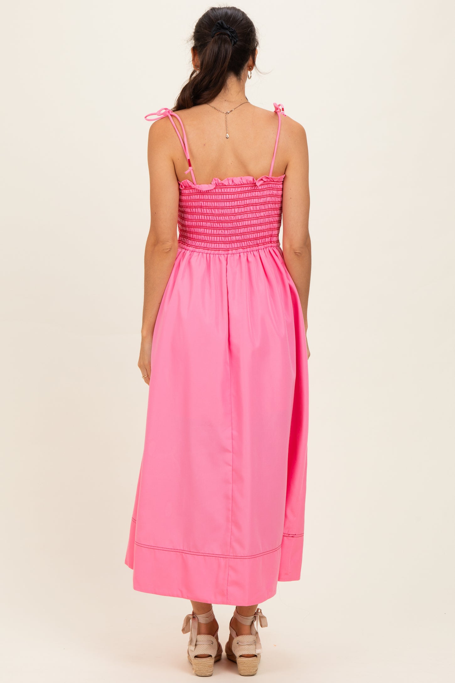 Pink Smocked Shoulder Tie Midi Dress