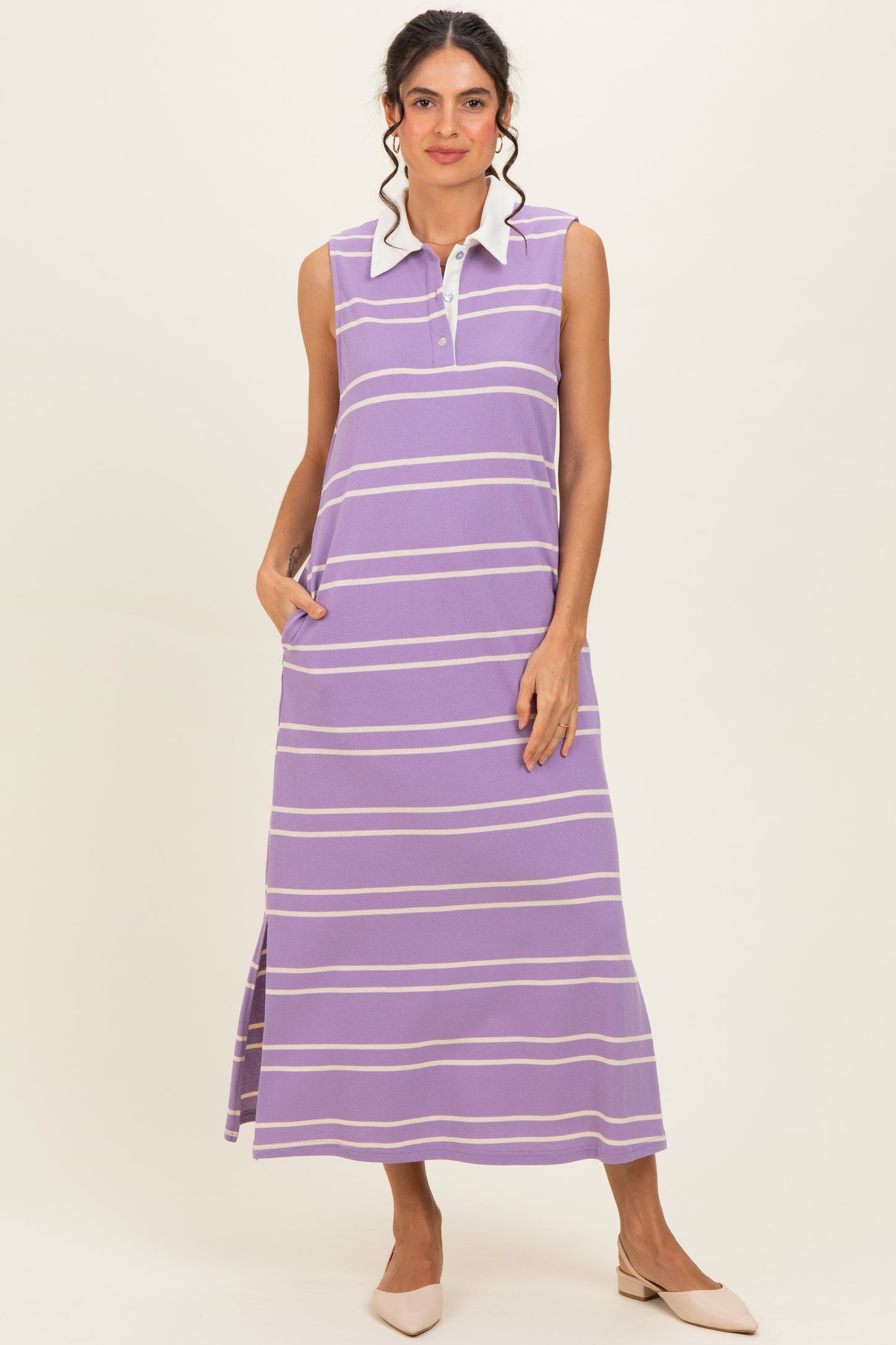 Lavender Striped Sleeveless Collared Midi Dress