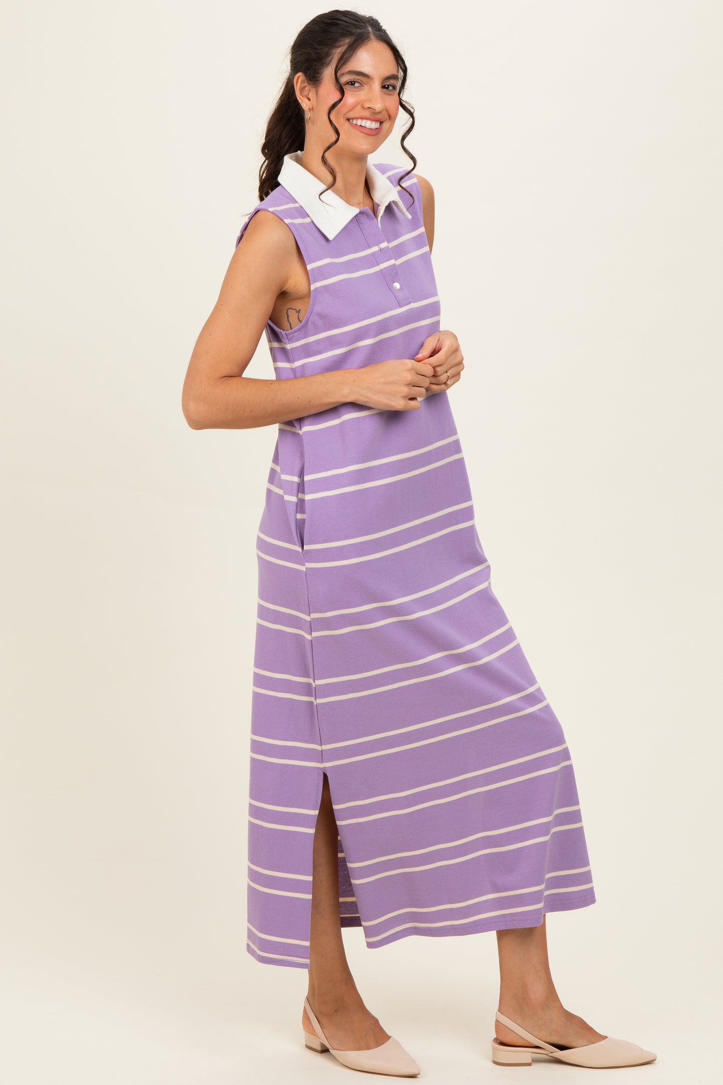 Lavender Striped Sleeveless Collared Midi Dress