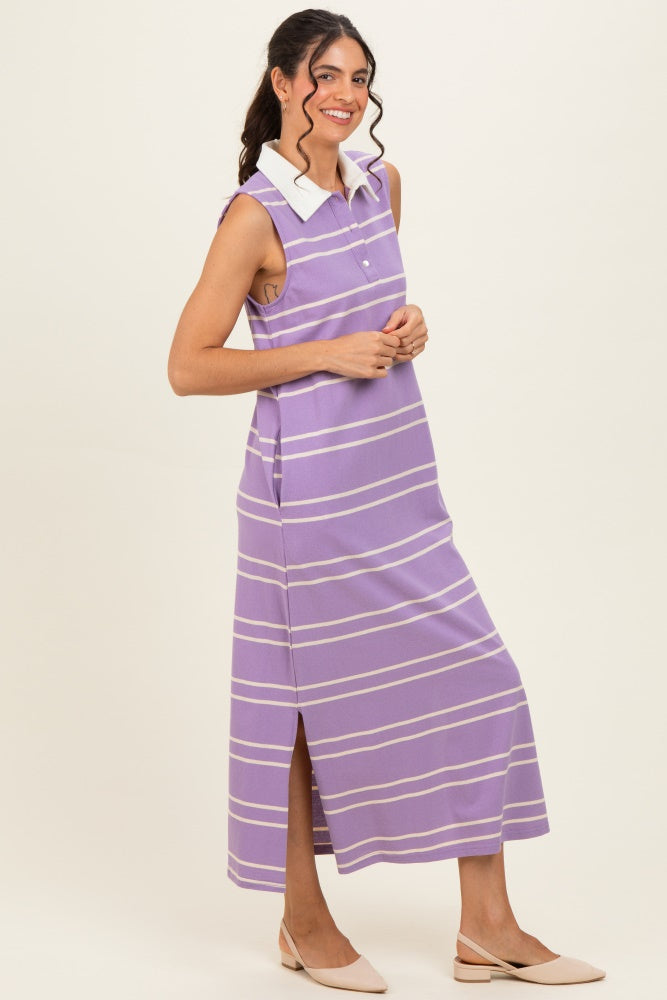 Lavender Striped Sleeveless Collared Midi Dress