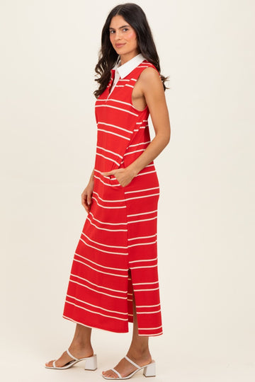 Red Striped Sleeveless Collared Midi Dress