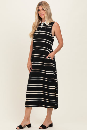 Black Striped Sleeveless Collared Midi Dress