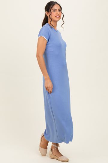 Chambray Blue Contrast Trim Short Sleeve Midi Dress