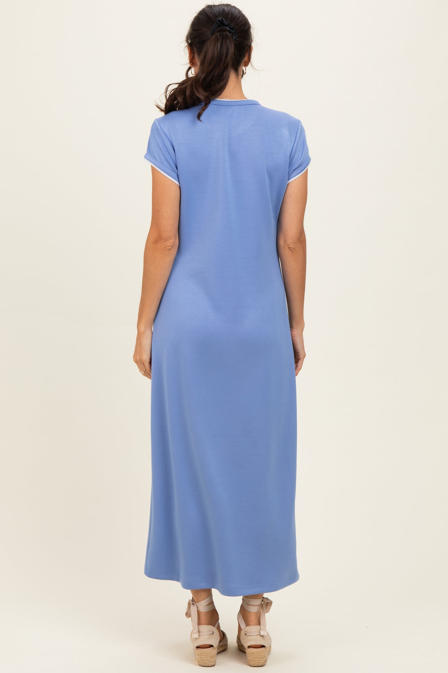 Chambray Blue Contrast Trim Short Sleeve Midi Dress