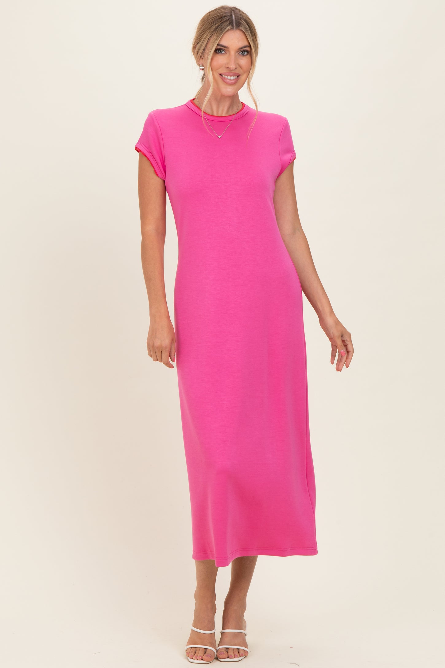 Fuchsia Contrast Trim Short Sleeve Maternity Midi Dress
