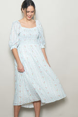 Light Blue Floral Smocked Maternity Midi Dress