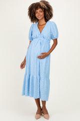 Light Blue Lace V-Neck Puff Sleeve Maternity Maxi Dress