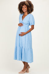 Light Blue Lace V-Neck Puff Sleeve Maternity Maxi Dress