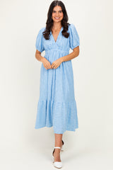 Light Blue Lace V-Neck Puff Sleeve Maxi Dress