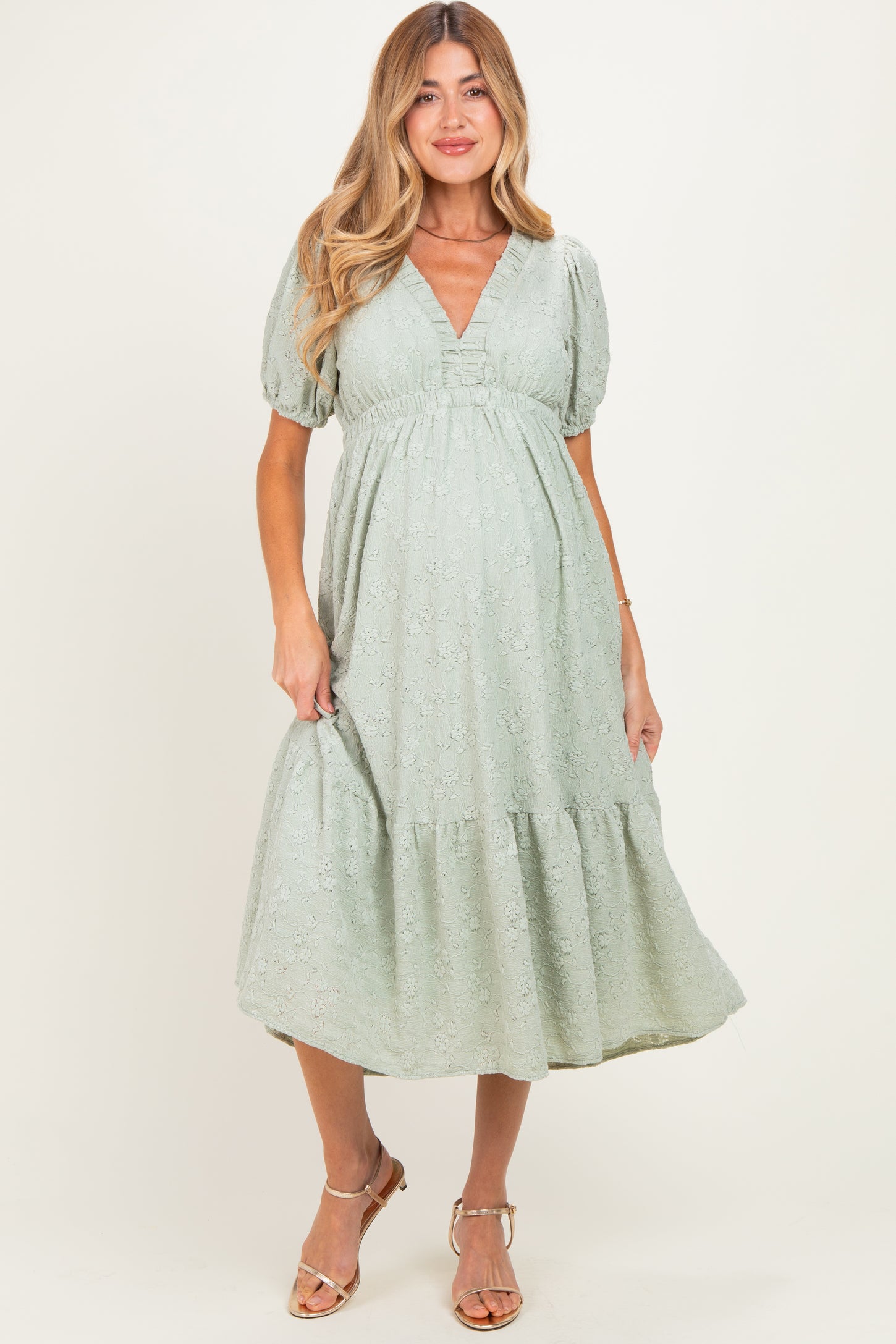 Sage Lace V-Neck Puff Sleeve Maternity Maxi Dress