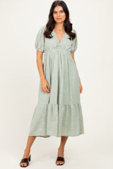 Sage Lace V-Neck Puff Sleeve Maternity Maxi Dress