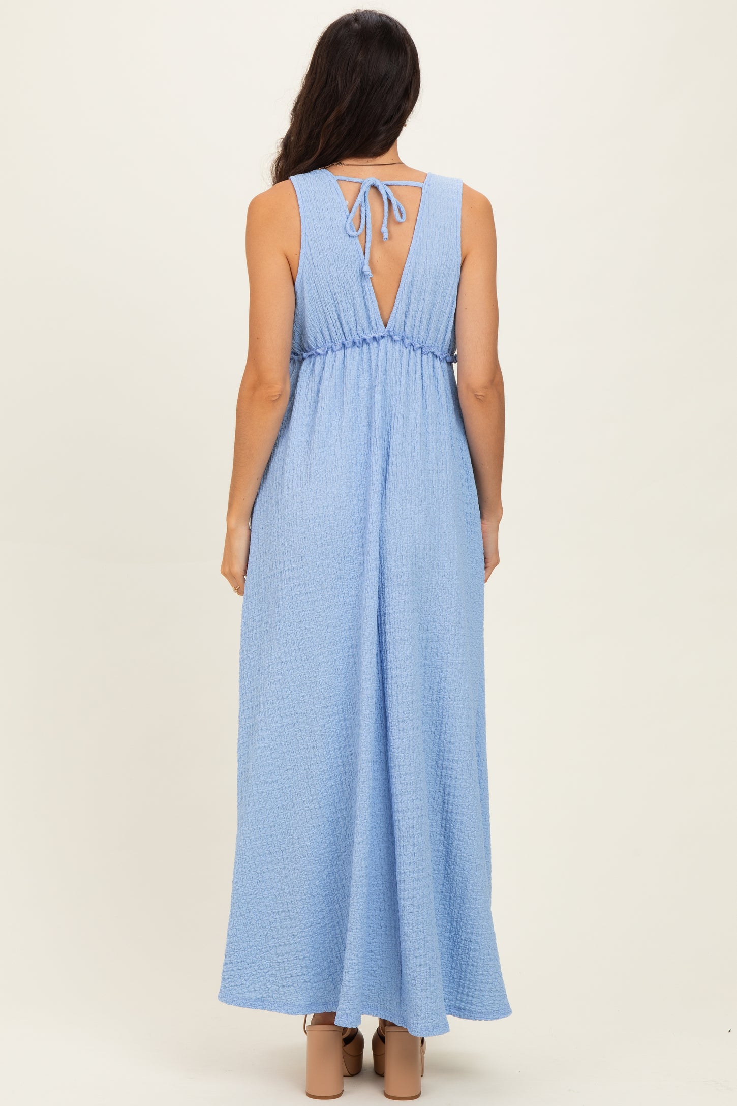 Light Blue Sleeveless Deep V-Neck Maxi Dress