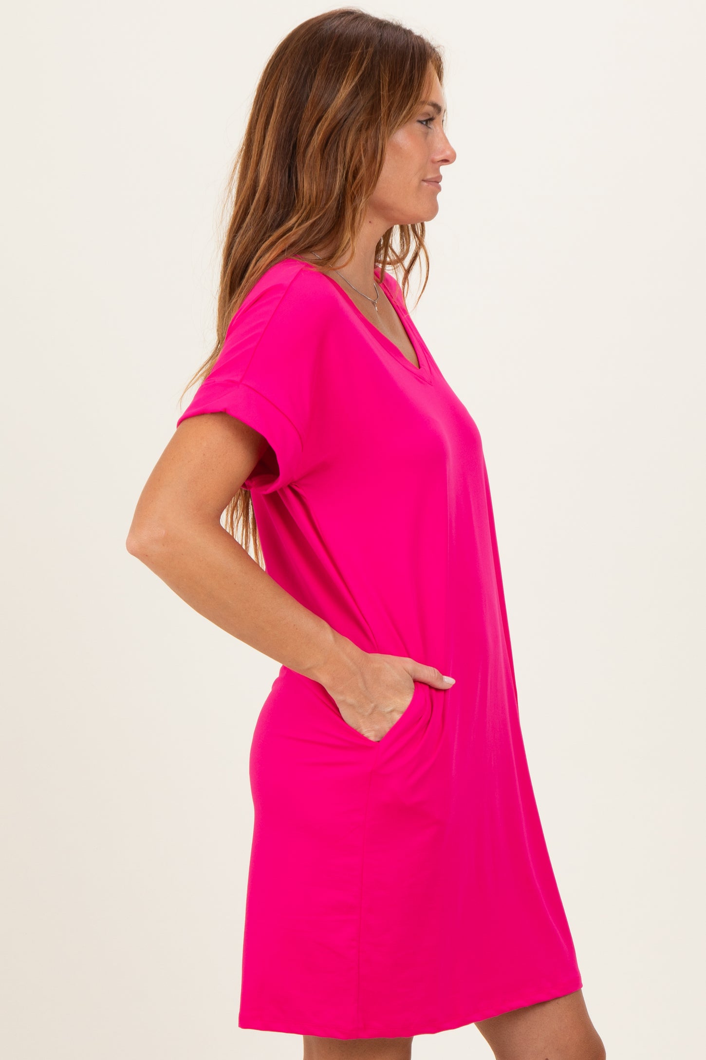 Hot Pink Brushed Rolled Short Sleeve V-Neck Dress