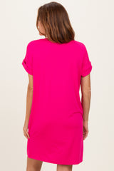 Hot Pink Brushed Rolled Short Sleeve V-Neck Dress