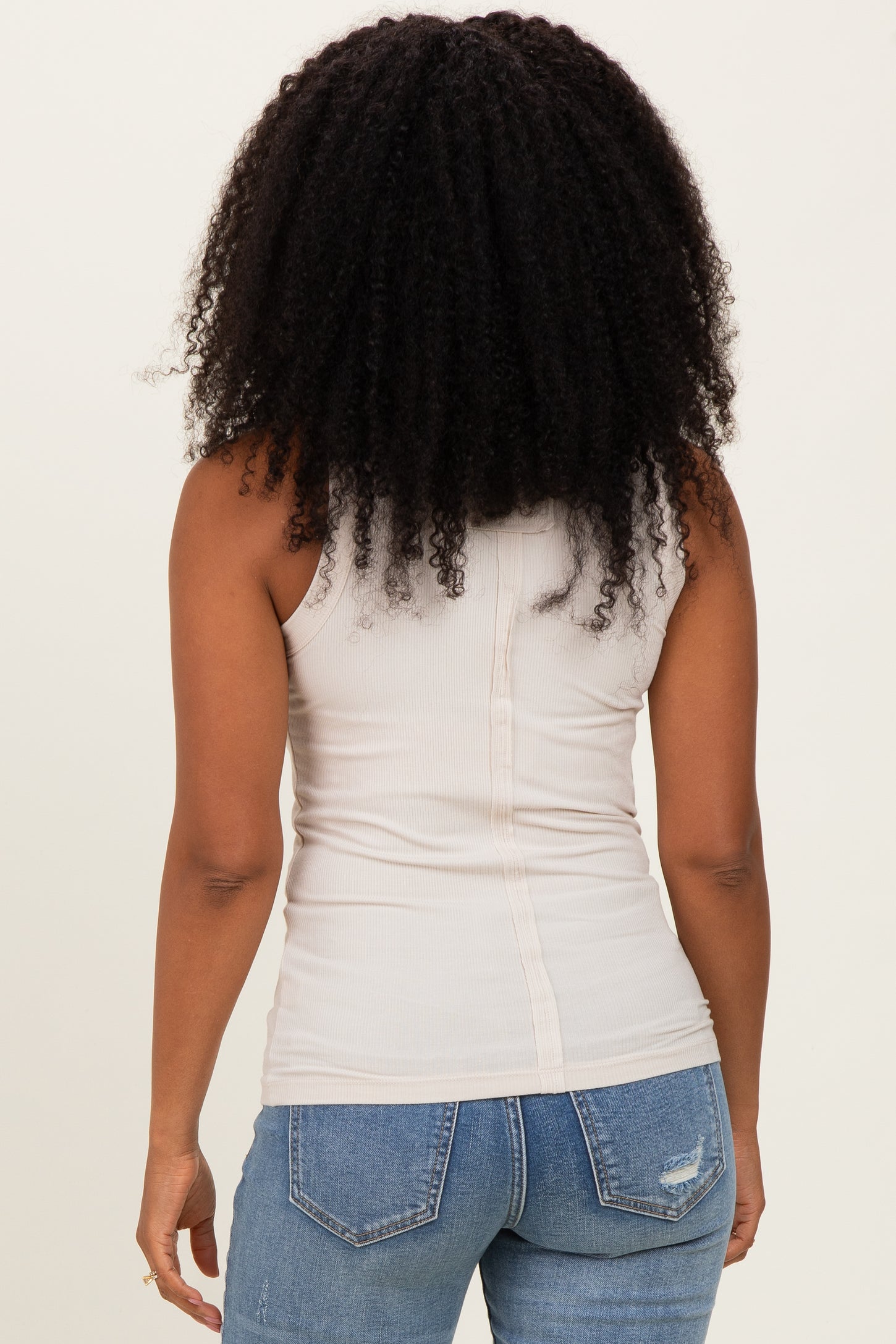 Sand Beige Ribbed High Neck Tank Top