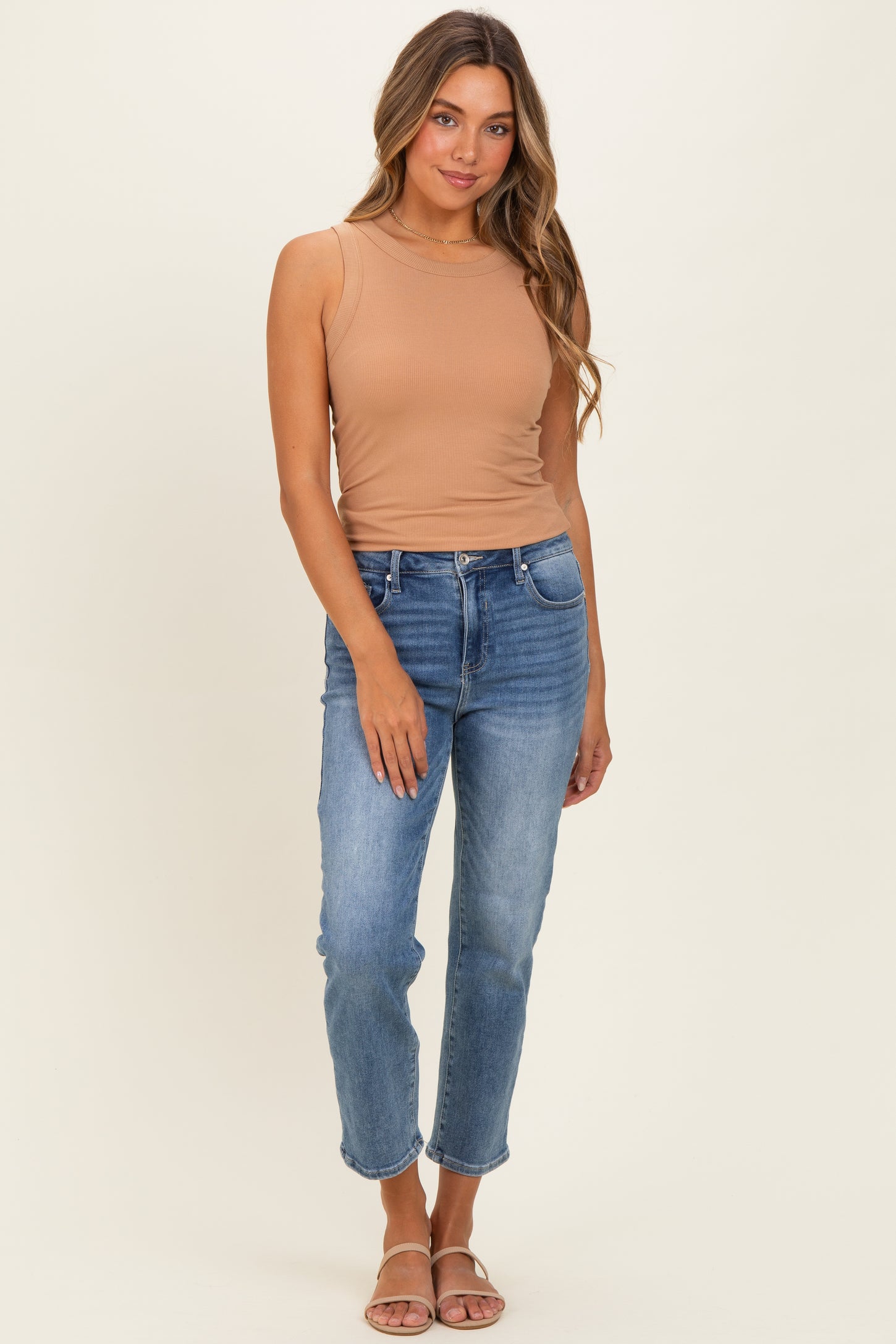 Camel Ribbed High Neck Tank Top