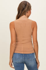 Camel Ribbed High Neck Tank Top