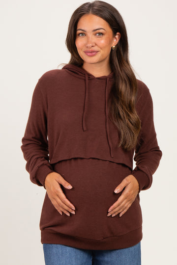Burgundy Double Layer Long Sleeve Maternity Nursing Hoodie