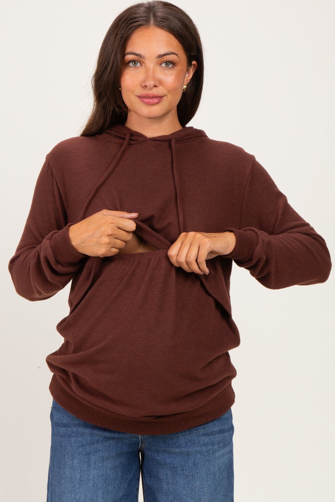Burgundy Double Layer Long Sleeve Maternity Nursing Hoodie